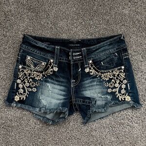 Vigoss Dark Blue Denim Shorts with Cream Floral Embroidery - The Chelsea Short